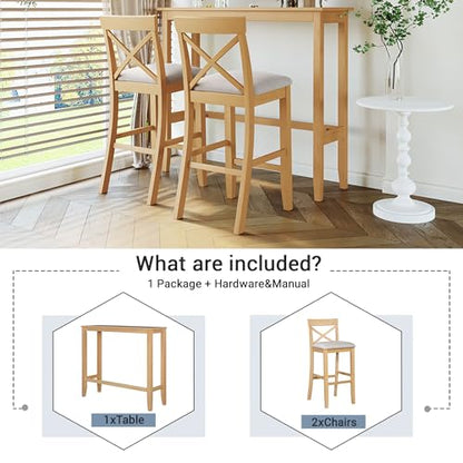 3 Piece Counter Height Dining Table Bar Table Set with 2 Chairs, Small Kitchen Table Breakfast Nook for 2, Good for Bar or Small Space, Natural - color: Natural