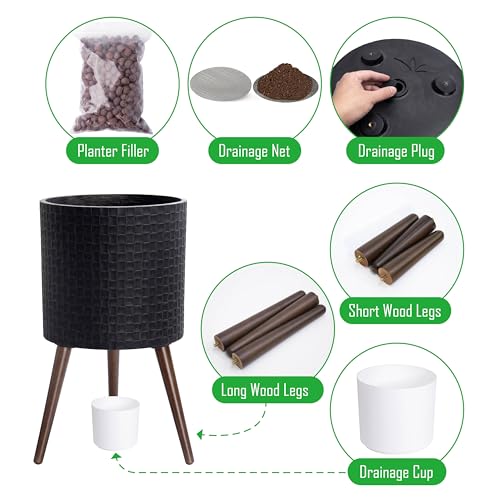 D'vine Dev Planter Pot with Wood Stand, 14 in, Distressed Black, 88-Z-D-5 | Mid-Century Modern Style, Elevated Plant Display, Drainage Hole and Plug, Functional & Stylish, Modern Indoor Planter - color: Distressed Black, size: X-Large
