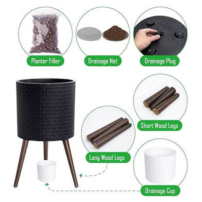 D'vine Dev Planter Pot with Wood Stand, 14 in, Distressed Black, 88-Z-D-5 | Mid-Century Modern Style, Elevated Plant Display, Drainage Hole and Plug, Functional & Stylish, Modern Indoor Planter - color: Distressed Black, size: X-Large