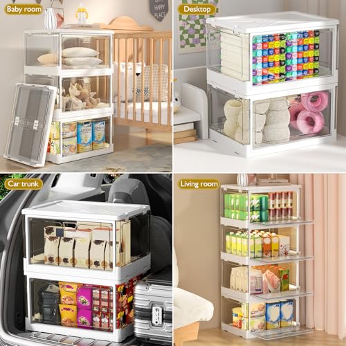 Kmiectse Clear Storage Bins with Lids 3 Pack 【Stackable & Sturdy】 | Plastic Multifunctional Folding Storage Bins for Bedroom, Living Room, Study,Room, 23 QT Folding Box with Magnetic Door - size: 3 Tier-3 Lids