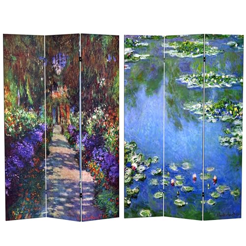 Red Lantern Double Sided Works of Monet Canvas Folding Screen - Lilies/Garden at Giverny, 6 ft. Tall - color: Lilies/Garden at Giverny, size: 6 Foot Tall - 4 Panel