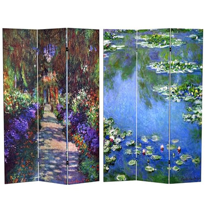Red Lantern Double Sided Works of Monet Canvas Folding Screen - Lilies/Garden at Giverny, 6 ft. Tall - color: Lilies/Garden at Giverny, size: 6 Foot Tall - 4 Panel