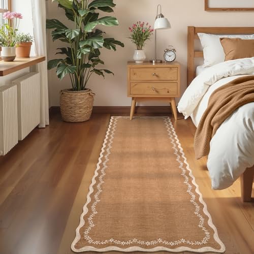 GarveeHome 2.5x10 Scalloped Washable Runner Rug Long Hallway Kitchen Rug | Soft Brown Hall Runner Non Slip Entryway Rug Farmhouse Thin Laundry Mat Stain Resistant Carpet for Bathroom Beside Rug - color: Brown, size: 2'6" x 10' (Rectangular)