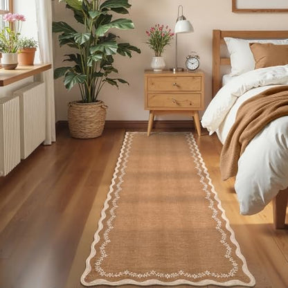 GarveeHome 2.5x10 Scalloped Washable Runner Rug Long Hallway Kitchen Rug | Soft Brown Hall Runner Non Slip Entryway Rug Farmhouse Thin Laundry Mat Stain Resistant Carpet for Bathroom Beside Rug - color: Brown, size: 2'6" x 10' (Rectangular)