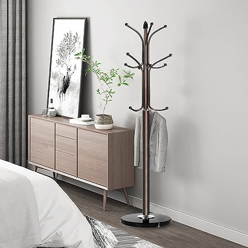 Kertnic Freestanding Coat Rack Stand, Heavy Duty Metal Hall Tree with 12 Hooks, 70 Inch Tall Stable Coat Hanger with 14.6" Natural Marble Base, Entryway Organizer for Coats Bags Hats Purses (Bronze) - color: Bronze