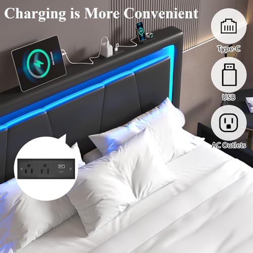 Queen Size Bed Frame with 4 Storage Drawers, Upholstered Headboard, Black | Modern Bed, Charging Station, LED Light, Adjustable Height Headboard, Noise-Free, No Box Spring Needed, Easy Assembly - color: Black, size: Queen