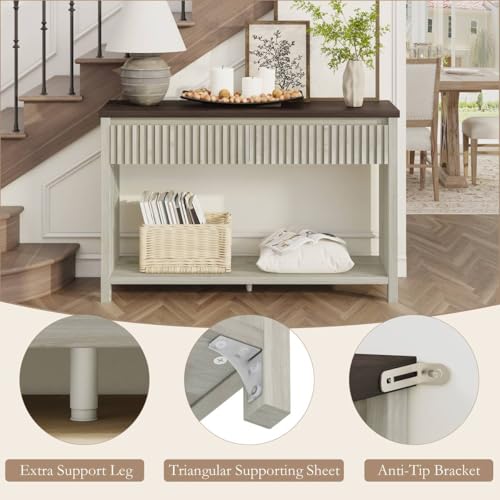 47In Entryway Table with Drawers, Sofa Tables with Storage | Console Tables for Entryway, Two-Tier Narrow Hallway Tables, Modern Fluted Panel, Walnut and Washed Grey Oak - color: Walnut and Washed Grey