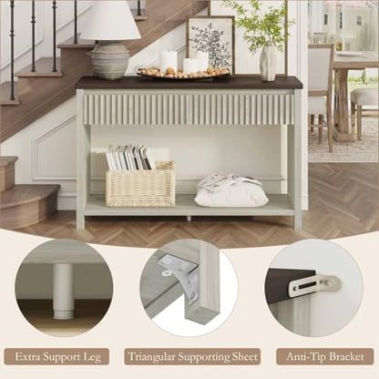 47In Entryway Table with Drawers, Sofa Tables with Storage | Console Tables for Entryway, Two-Tier Narrow Hallway Tables, Modern Fluted Panel, Walnut and Washed Grey Oak - color: Walnut and Washed Grey