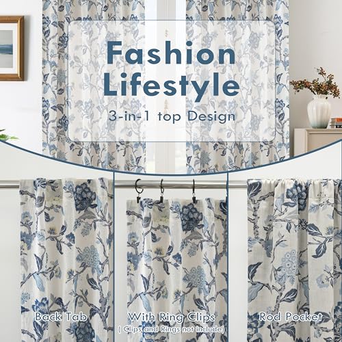 DriftAway Ada Floral Botanical Print Flower Leaf Lined Thermal Insulated Room Darkening Linen Blend 100% Blackout Back Tab Window Curtains 2 Layers Set of 2 Panels Each 52 Inch by 72 Inch Navy - color: Navy-back Tab, size: 52"W x 72"L (Pack of 2)