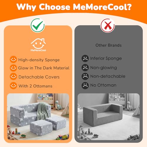 MeMoreCool Glow in Dark Star Kids Couch, Fold Out Foam Play Sofa, Grey | Glow in dark star kids couch, grey foam sofa folds out for playroom fort building play - color: Stars