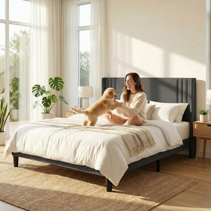 Gizoon Queen Bed Frame with Wingback Headboard, Upholstered Platform Bed | Bed Frame with Padded Headboard,Wooden Slats, Noise-Free, No Box Spring Needed, Easy Assembly,Dark Grey - color: Dark Grey, size: Queen
