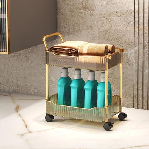 Acrylic Storage Trolley, Bathroom Kitchen Rolling Utility Cart Mobile Organization Shelves with Handle and Lockable Wheel(Gold,2 Tier) - color: Gold, size: 2 Tier