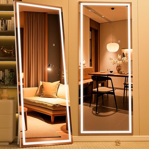 71" x 24" Full Length Mirror with Lights, LED Lighted Floor Standing Body Mirror, Dimmable & 3 Color Lighting for Bedroom, Cloakroom, Dressing Room, Tempered Glass, White Frame - color: White, size: 71"L x 24"W