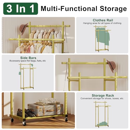 Lutown-Teen Metal Clothes Rack with Lockable Wheels, Double Rods, Gold | Clothing Rack Heavy Duty with Storage Rods, 150 LB Capacity Garment Rack, Easy Assembly - color: Gold, size: Double Rods
