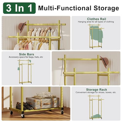Lutown-Teen Metal Clothes Rack with Lockable Wheels, Double Rods, Gold | Clothing Rack Heavy Duty with Storage Rods, 150 LB Capacity Garment Rack, Easy Assembly - color: Gold, size: Double Rods