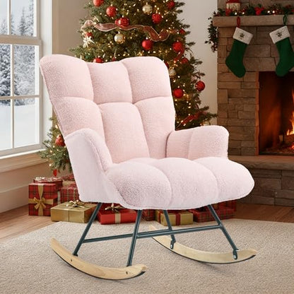 Rocking Chair Nursery Teddy Upholstered Glider Rocker Rocking Accent Chair Padded Seat with High Backrest Armchair Comfy Side Chair for Living Room Bedroom Offices (Pink Teddy) - color: Pink