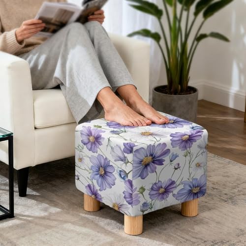 Purple Daisy Print Ottoman Cover Stretch Ottoman Slipcover Square, Polyester and Spandex Fabric for Square Ottomans, Storage Stool, Universal Footstool Protector - color: Purple Daisy