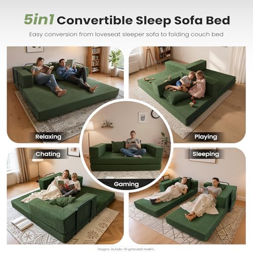 5-in-1 Futon Sofa Bed Queen Floor Convertible Couch Foldable Lounge Green | Multi-Position Convertible Lounge Couch for Guest Room & Apartment, Removable Washable Cover, Space Saving - color: Green