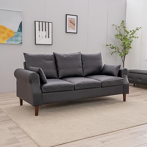 Panana 3 Seater Sofas Rolled Arms Design Couch Solid Wood Legs Settee for Living Room (Black Leathaire, 3 Seater) - color: Black Leather Look Fabric, size: 3 seater