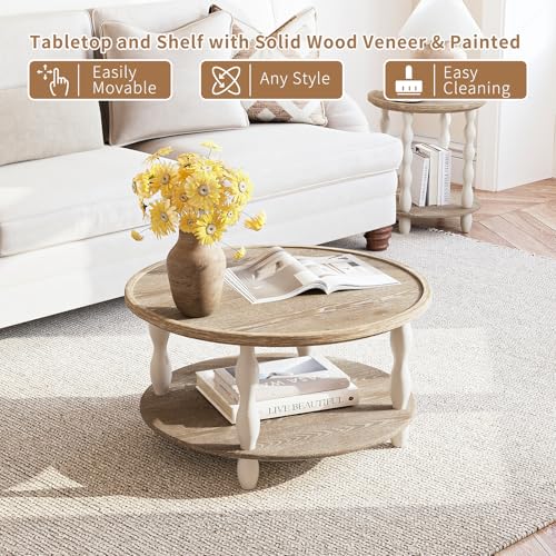 karlott Farmhouse Coffee Table, Tray Round Coffee Tables for Living Room | Solid Wood Veneer Tabletop, Pine Legs & Storage Shelf, Tray Tabletop, Rustic Boho Center Table, Easy Assemble for Living Room - size: 2 Tier Tray Coffee Table 30.3 Inches