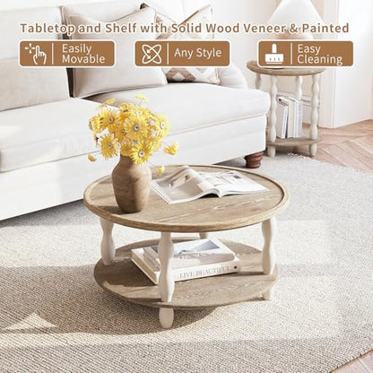 karlott Farmhouse Coffee Table, Tray Round Coffee Tables for Living Room | Solid Wood Veneer Tabletop, Pine Legs & Storage Shelf, Tray Tabletop, Rustic Boho Center Table, Easy Assemble for Living Room - size: Tray Coffee Table 30.3 In