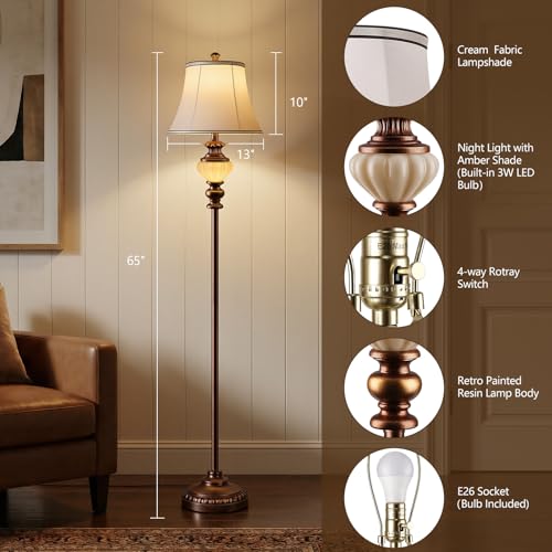65'' Vintage Floor Lamp for Living Room, Retro Farmhouse Standing Lamp with Nightlight, Tall Lamp with Fabric Shade and Rotary Switch for Bedroom Office Dining Room Corner(LED Bulb Included)