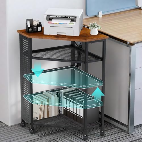 Corner Table with Charging Station, 3-Tier Corner Shelf Stand with Metal DIY Panel, Rolling Storage Table on Detachable Wheels for Kitchen, Living Room, Small Space, Rustic Brown