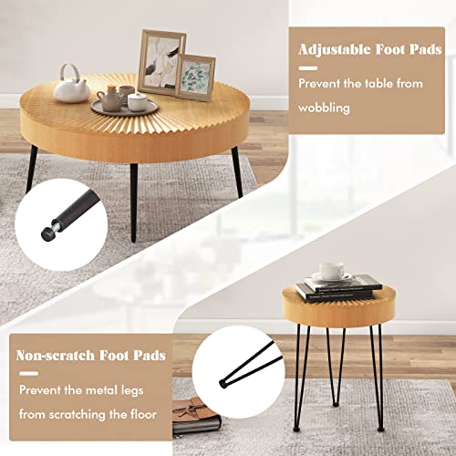 Giantex Boho Round Coffee Table Set of 2, Sofa Side Nesting Table with Solid Pine Wood Top, Metal Legs & Adjustable Foot Pads, 31.5" D Large Table Set for Living Room (Radial Pattern, Natural) - color: Natural, style: Radial Pattern