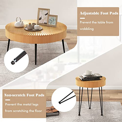 Giantex Boho Round Coffee Table Set of 2, Sofa Side Nesting Table with Solid Pine Wood Top, Metal Legs & Adjustable Foot Pads, 31.5" D Large Table Set for Living Room (Radial Pattern, Natural) - color: Natural, style: Radial Pattern