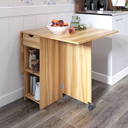 Mondeer Folding Dining Table with Drawer and Shelves, Red Oak | Drop Leaf Kitchen Table with 1 Drawer and 2 Storage Shelves in Modern Style for Small Spaces and Seats 4-6 People. - color: Red Oak
