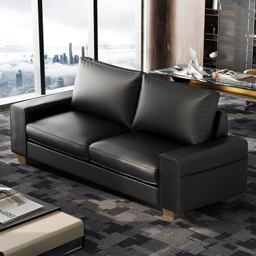 71.25" Faux Leather Loveseat Sofa Couch for Living Room, Black | Mid Century Modern Love seat with Wide Arm, Side Pockets, Deep Seat, Solid Wooden Frame for Office,Bedroom, Apart