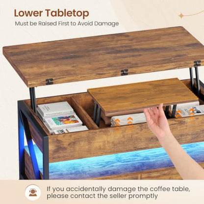 Itaar 40" Lift Top Coffee Table with 2 Drawers Storage for Living Room | Rustic Brown 4 in 1 Expandable Coffee Table with 2 Drawers & LED Light & Hidden Compartmen for Dining Living Room Table - color: Rustic Brown 2