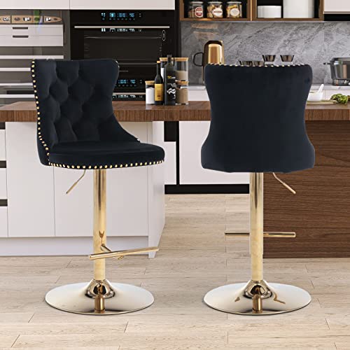 Velvet Bar Stool Set of 2, Adjustable Swivel Bar Stools with Gold Plated Metal Leg, Button Tufted, Footrest, Chrome Nailhead, Counter Height Chair for Kitchen, Bar, Dining Room (Black) - color: Black-gold Leg, size: Set of 2