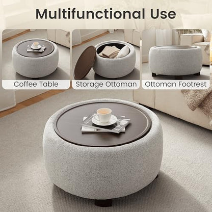 VKNOW 30" Round Storage Ottoman, Ottoman Coffee Table with Removable Wood Top and Solid Wood Legs for Living Room, Bedroom, Apartments (Beige) - color: Beige