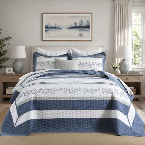 Quilta California King Quilt Set Oversized - Farmhouse Vine Striped Design Oversized King Bedspreads 128x120, 3-Piece 100% Cotton Lightweight Comforter Coverlet Bedding Set, Cal King, Navy/White - color: Navy/Light Gray/White, size: Cal King(128"x120")