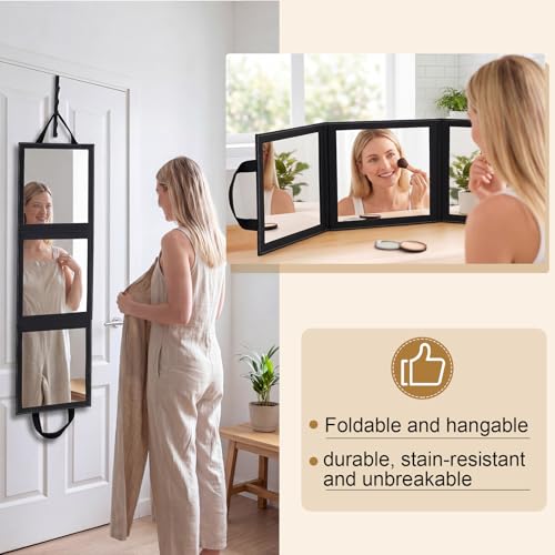 Novabright 3-Panel Over The Door Full Length Mirror, Foldable Hanging Acrylic Body/Makeup Mirror with Height Adjustable Hook for Bedroom Closet Bathroom, Dance Travel Camping (Black)