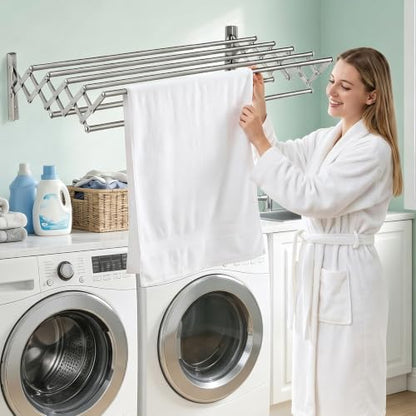 Wall Mount Drying Rack for Laundry Room, Retractable Stainless Steel Towel Bar, Collapsible Accordion Clothes Dryer, Space Saving Wall Mounted Laundry Rack for Bathroom, Balcony & RV