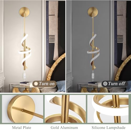 Modern Plug in Wall Sconces Set of Two,4500K Neutral Light Plug in Wall Light,Spiral Led Wall Lamp with Plug in Cord/Hardwire,Gold Indoor Sconce Wall Lighting Decor for Bedside Bedroom