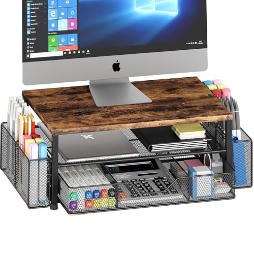 Desk Organizer and Accessories, 2-Tier Computer Monitor Stand Riser with Drawer and 2 Pen Holders, Laptop Stand, Office Desk Accessories for Office Supplies, 1 Pack, Brown - color: Brown 1-Pack, size: 2-Tier