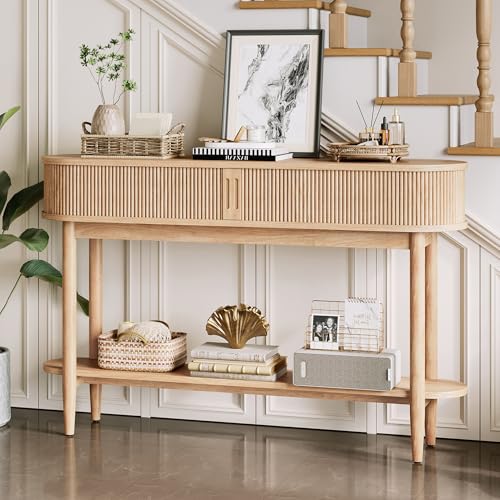 LINSY Fluted Console Table with Storage and Shelves, Light Wood | Entryway Table, Wood Entrance, Behind Couch Sofa Table, Foyer Tables for Hallways, Living Room Boho Furniture, Narrow Long - color: Light Wood