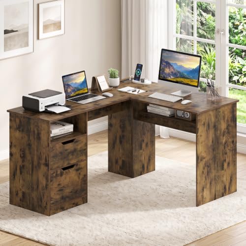 Tangkula 59" L-Shaped Executive Desk w/Power Outlets (Rustic Brown) | Home Office Desk, Wooden Corner Computer Desk w/ Drawers & Bookshelf for Working Gaming Writing - color: Rustic Brown