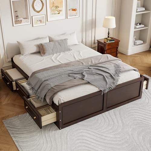 Merax Queen Size Bed Frame with 6 Storage Drawers, Wood Platform Bed Frame No Headboard with Support Slats, No Box Spring Needed, Easy Assembly, Espresso - color: Espresso