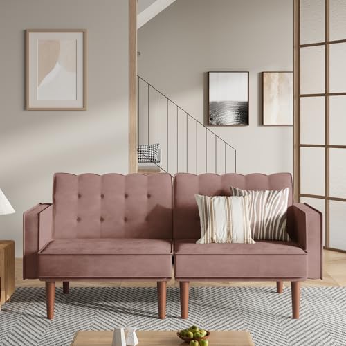 Furnify 71" Velvet Futon Sofa Bed, Versatile Loveseat Couch, Sleeper Sofa with Adjustable Backrest, Mid Century Modern Futon Couch for Small Space, Living Room, Office & Apartment, Velvet Fabric Pink - color: Pink