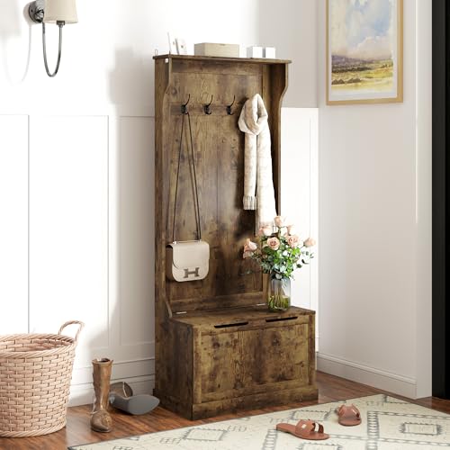 HOMCOM Hall Tree with Bench and Shoe Storage 3-in-1 Coat Rack Rustic Brown | Slim Bench with Coat Rack, 4 Hooks, Flip Top Storage Compartment - color: Rustic Brown, size: 28"