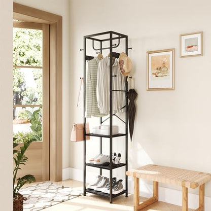 ELYKEN Coat Rack Freestanding, Hall Tree with 3 Shelves and 12 Hooks, Black | Industrial Metal Frame, Space-Saving Design, Clothes Rack Stand Organizer for Bedroom, Hallway, Entryway, Office, Living Room - color: Black