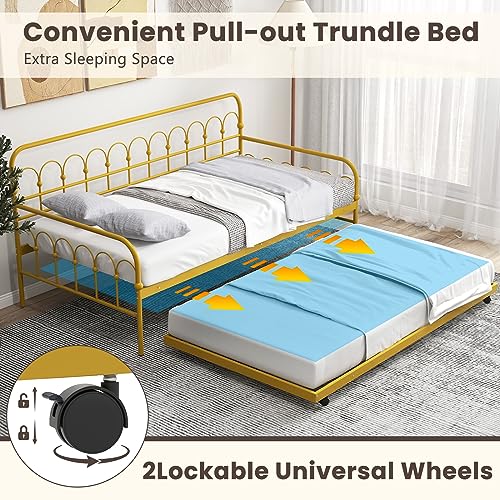 Giantex Twin Daybed with Trundle Gold, Metal Day Bed with Convenient Pull-Out Trundle Bed, Metal Slats, Lockable Universal Wheels, 2-in-1 Daybed Bed Frame for Guest Room, Living Room, Bedroom