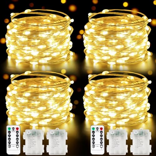 4 Pack Fairy Lights Battery Operated with Remote 33FT 100 LED Warm White | Remote Control, 8 Modes, Timer, Adjustable brightness, Waterproof Lights for Indoor Outdoor Classroom Christmas Decor - color: Warm White, size: 4 Pack