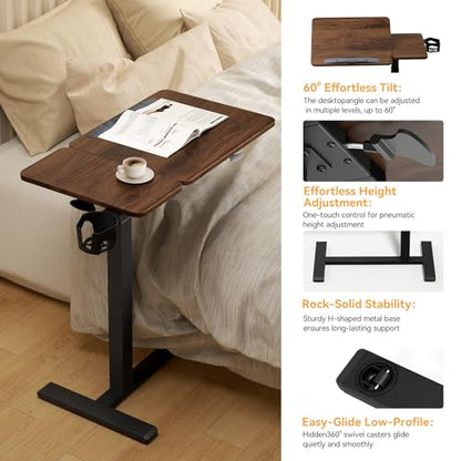 Overbed Bedside Table with Wheels, Pneumatic Adjustable Medical Tilt Top Hospital Bed Table Over The Bed, Rolling Laptop Desk, Mobile Standing Desk for Hospital and Home Use, Walnuts - color: Black Walnuts