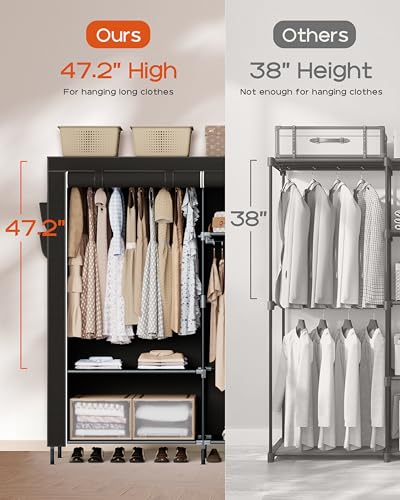 CASAMAYA Portable Closet, 77.6 Inch Extra Large Capacity Wardrobe Closet with Cover, Clothes Storage Organizer with Shelves and 3 Hanging Rods, Easy to Assembly, Black PCT223B01 - size: 77.6"L x 17.7"W x 70.9"H