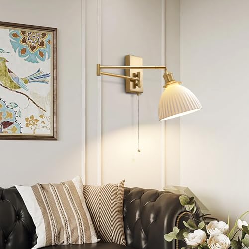 1-Light Bathroom Wall Sconce Modern Farmhouse Gold Swing Arm Wall Sconce Milk Glass Wall Lamp with Pull Chain Single Brushed Brass Wall Mount Light Hardwired Wall Light Fixtures MWL14D-1 - color: D-1Pack